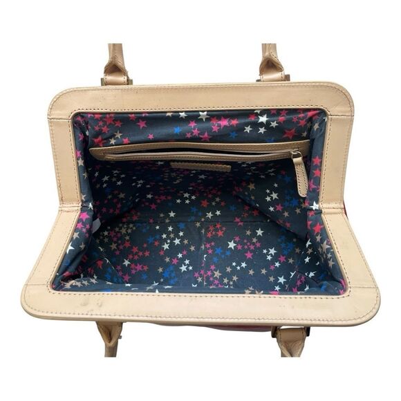 Trina Turk Red Tan Leather Canvas Tote Bag Top Preppy Casual Classic - Picture 8 of 16